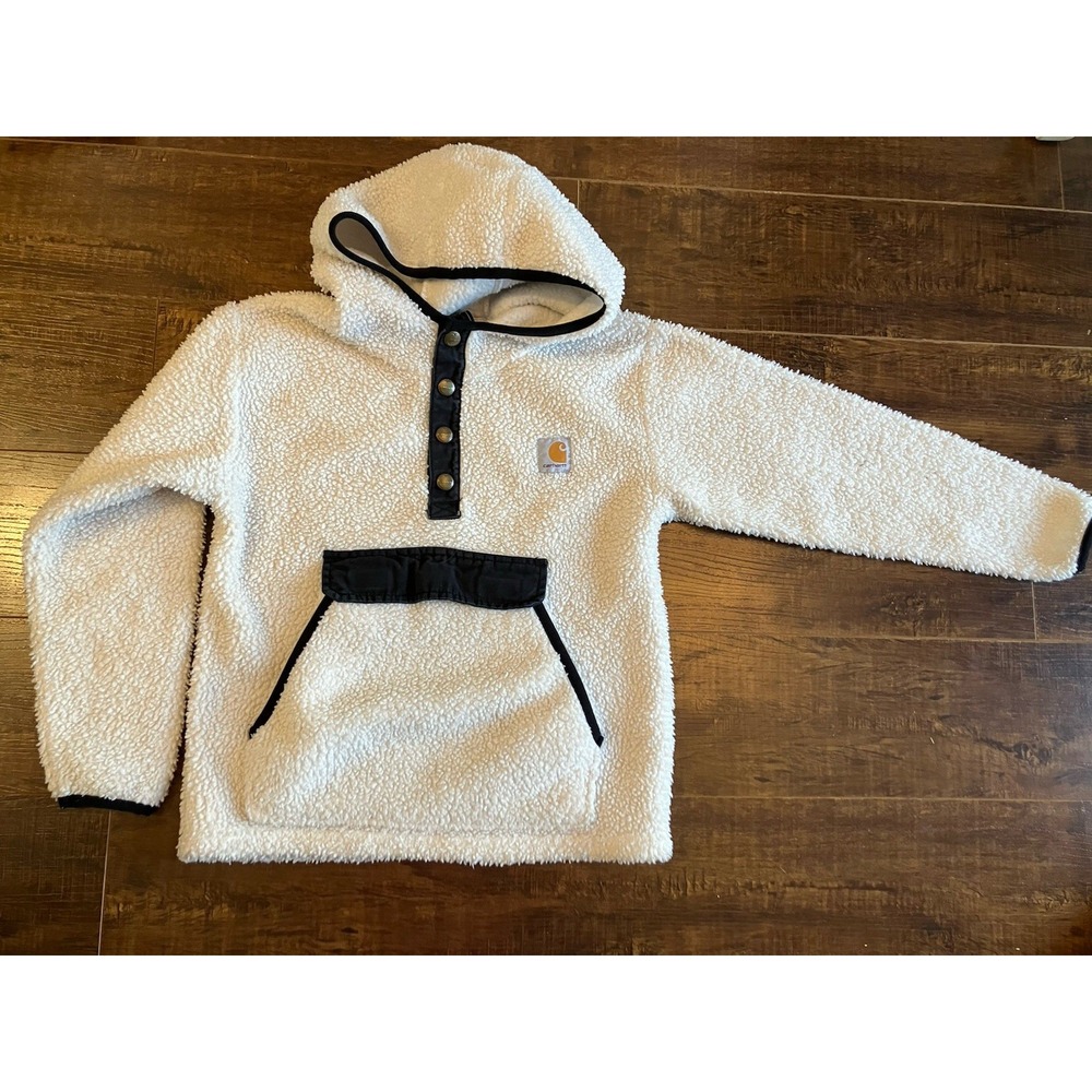 Carhartt Sherpa Hoodie Youth Small Cream Fleece Pullover Hooded Sweatshirt Kids